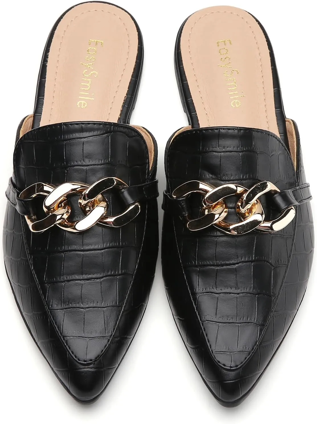 Metal Chain Decor Flat Mules for Women Closed Pointed Toe Slip on Loafers Slides Backless Mules Shoes