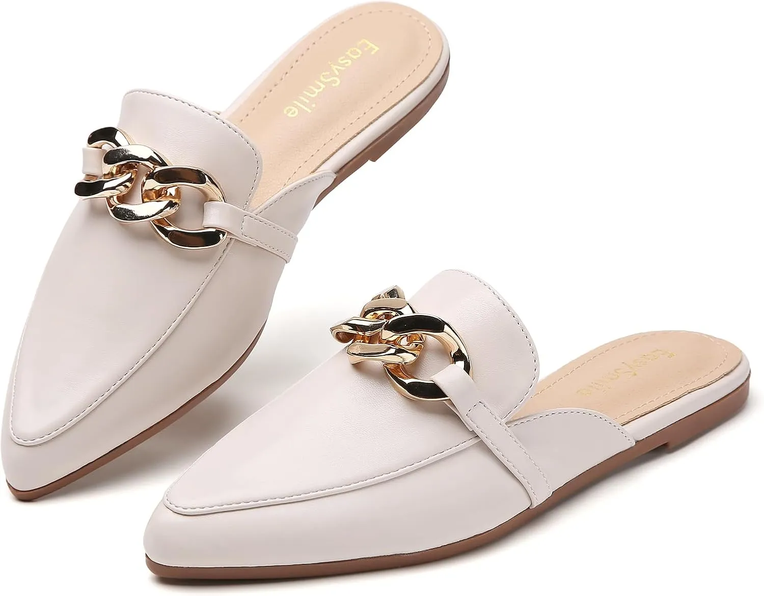 Metal Chain Decor Flat Mules for Women Closed Pointed Toe Slip on Loafers Slides Backless Mules Shoes