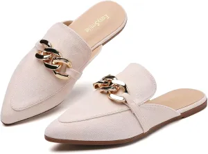 Metal Chain Decor Flat Mules for Women Closed Pointed Toe Slip on Loafers Slides Backless Mules Shoes