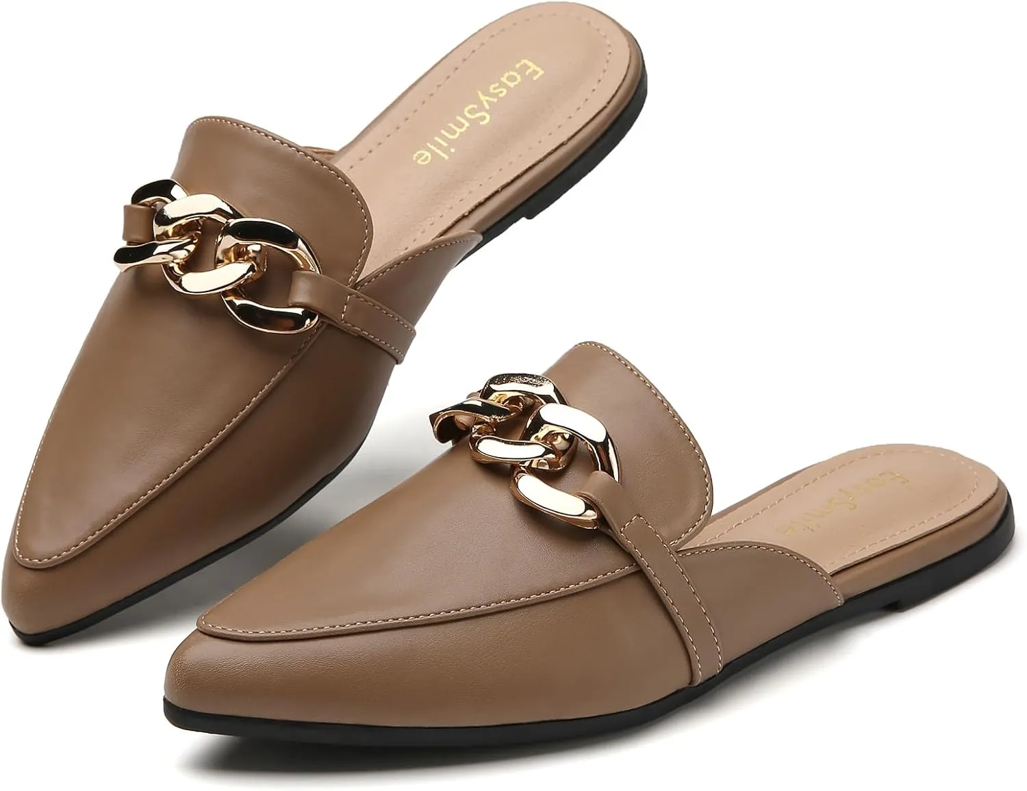 Metal Chain Decor Flat Mules for Women Closed Pointed Toe Slip on Loafers Slides Backless Mules Shoes