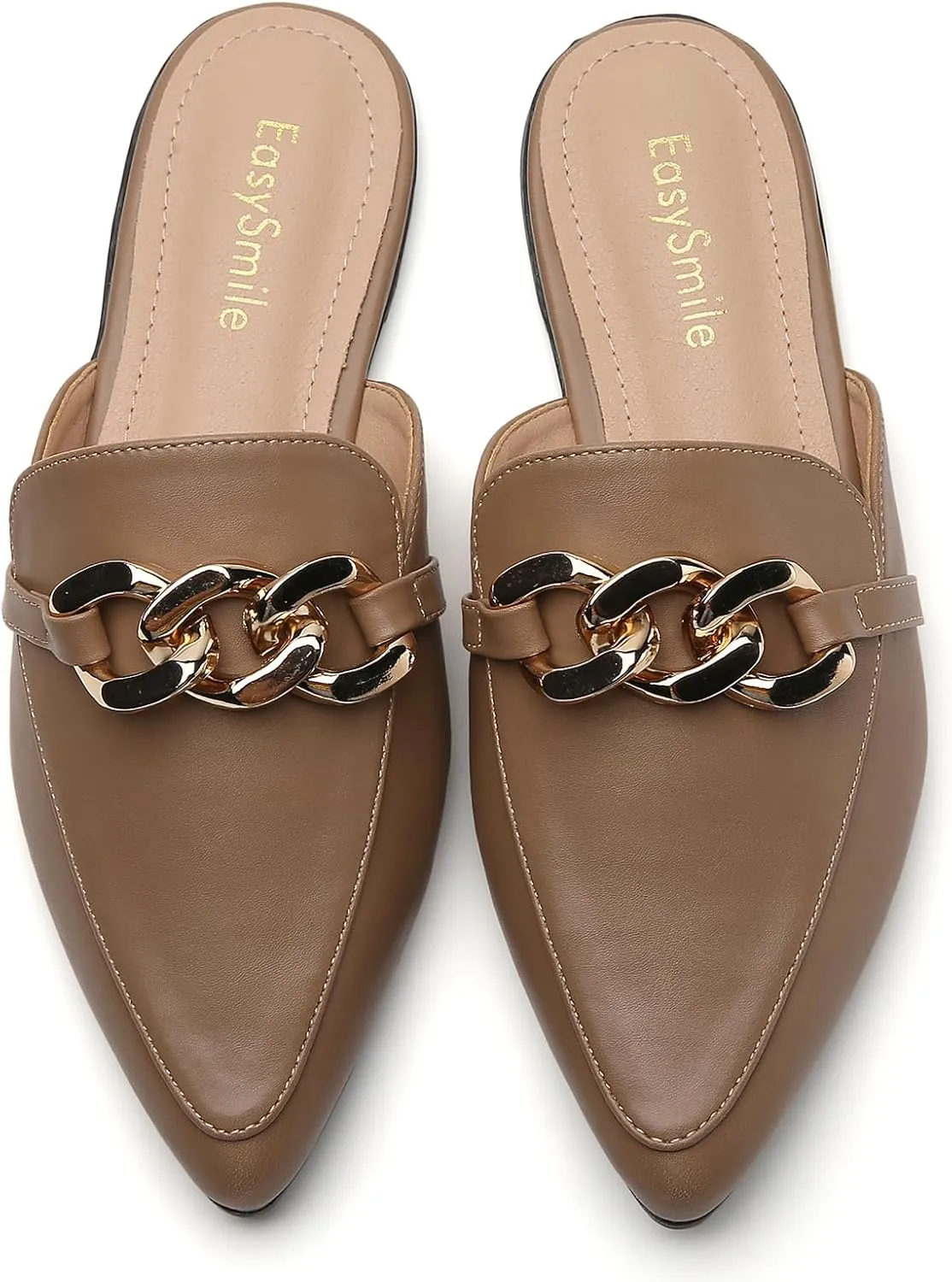 Metal Chain Decor Flat Mules for Women Closed Pointed Toe Slip on Loafers Slides Backless Mules Shoes