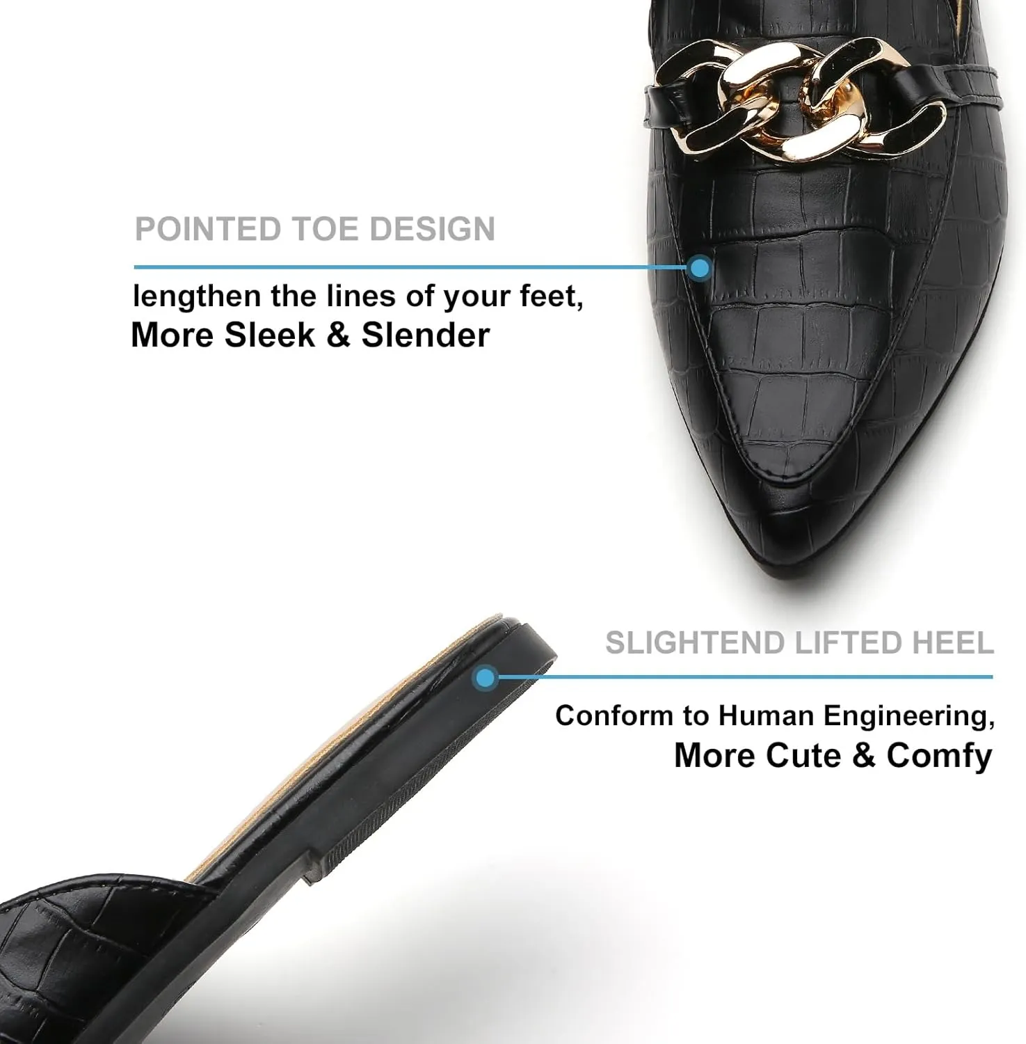 Metal Chain Decor Flat Mules for Women Closed Pointed Toe Slip on Loafers Slides Backless Mules Shoes