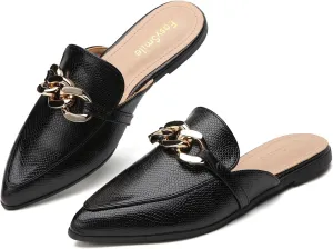 Metal Chain Decor Flat Mules for Women Closed Pointed Toe Slip on Loafers Slides Backless Mules Shoes