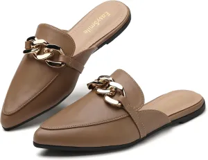Metal Chain Decor Flat Mules for Women Closed Pointed Toe Slip on Loafers Slides Backless Mules Shoes
