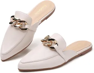 Metal Chain Decor Flat Mules for Women Closed Pointed Toe Slip on Loafers Slides Backless Mules Shoes