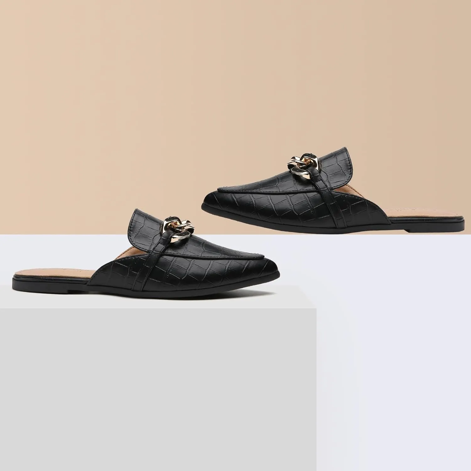 Metal Chain Decor Flat Mules for Women Closed Pointed Toe Slip on Loafers Slides Backless Mules Shoes