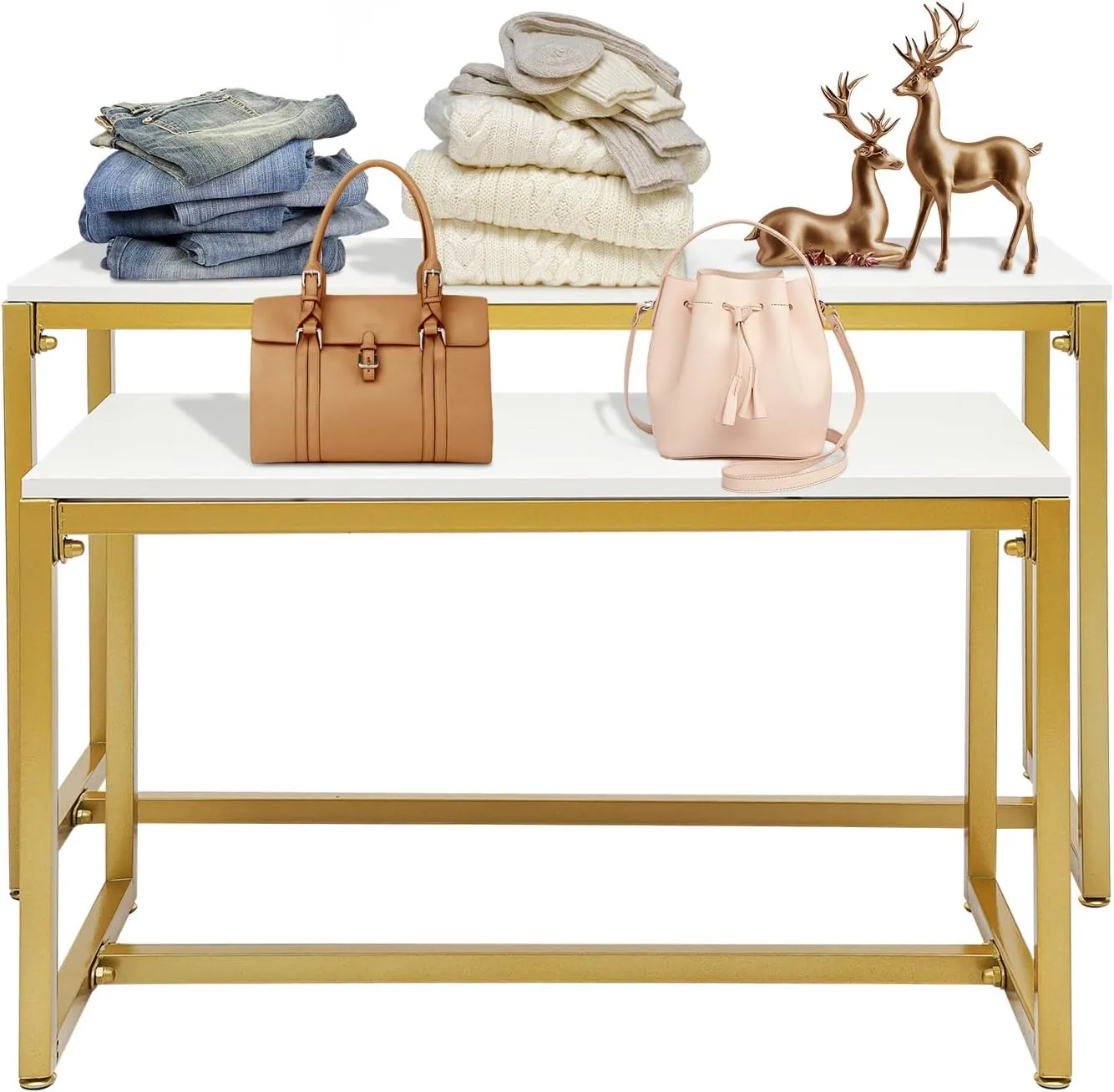 Metal Shoe Handbag Display Stand, Heavy Duty Nesting Tables 2 Piece Set, Modern Boutique Nesting Tables Display Riser Shelf for Retail Stores, Iron and Wood, Gold