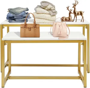 Metal Shoe Handbag Display Stand, Heavy Duty Nesting Tables 2 Piece Set, Modern Boutique Nesting Tables Display Riser Shelf for Retail Stores, Iron and Wood, Gold
