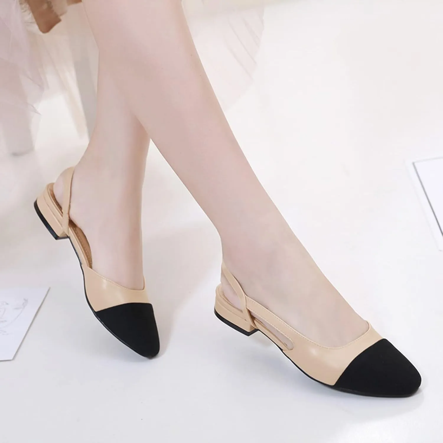 MICIFA slingback flats for women, Round Toe Low heel Sandals Fashion Splicing Dress Shoes for Women