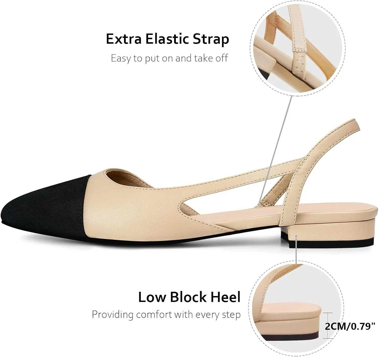 MICIFA slingback flats for women, Round Toe Low heel Sandals Fashion Splicing Dress Shoes for Women