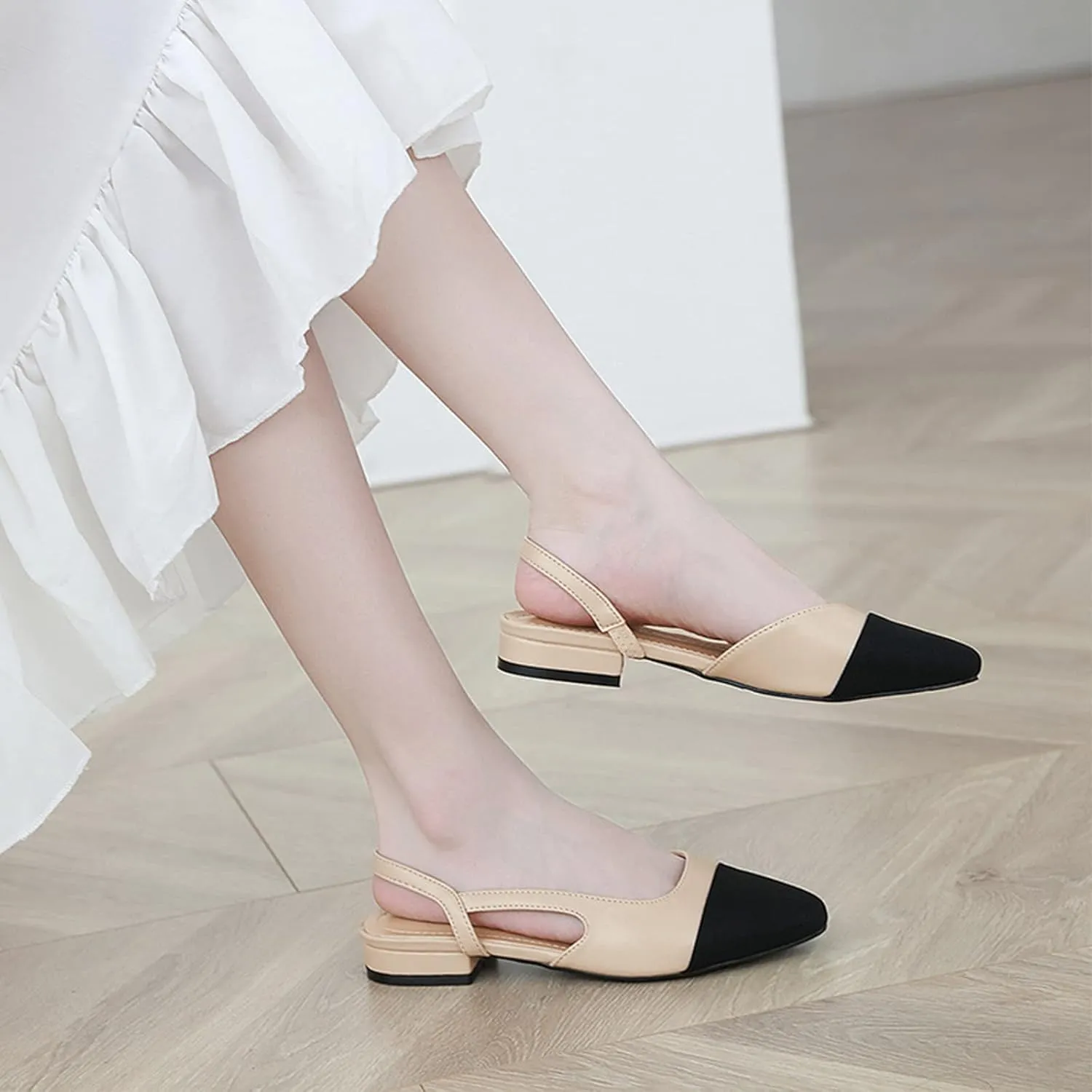 MICIFA slingback flats for women, Round Toe Low heel Sandals Fashion Splicing Dress Shoes for Women