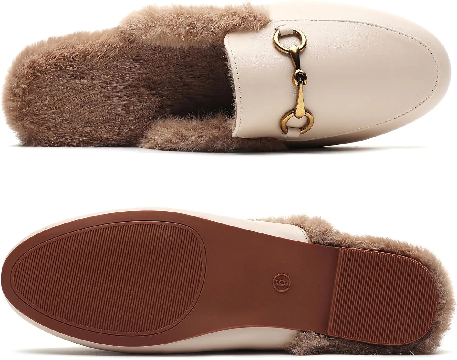 Minorsu Buckle Fur Mules for Women Slip on Loafers Closed Round Toe Backless Flat Mules Comfortable Slides Shoes