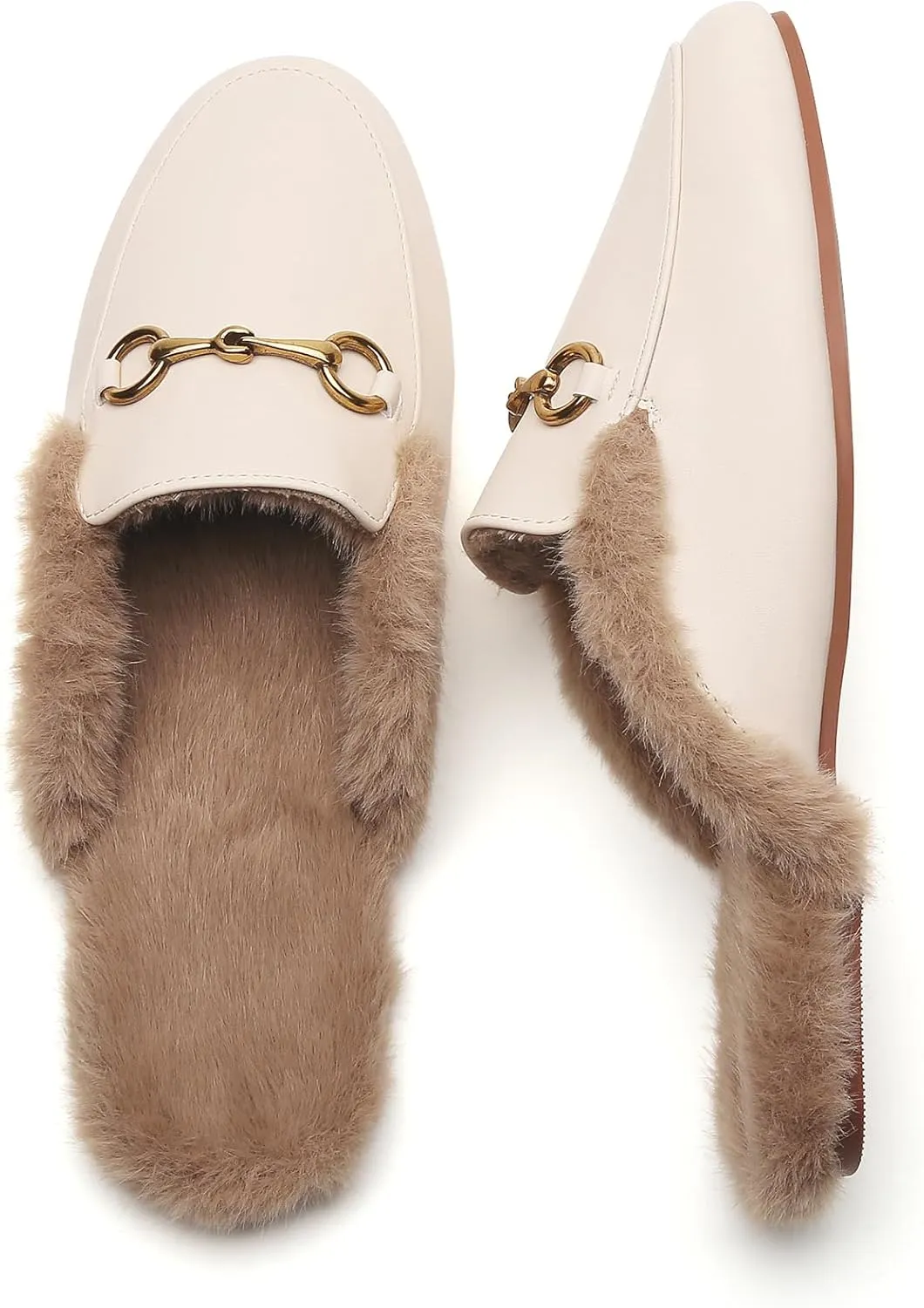 Minorsu Buckle Fur Mules for Women Slip on Loafers Closed Round Toe Backless Flat Mules Comfortable Slides Shoes