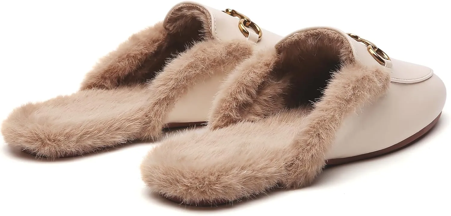 Minorsu Buckle Fur Mules for Women Slip on Loafers Closed Round Toe Backless Flat Mules Comfortable Slides Shoes