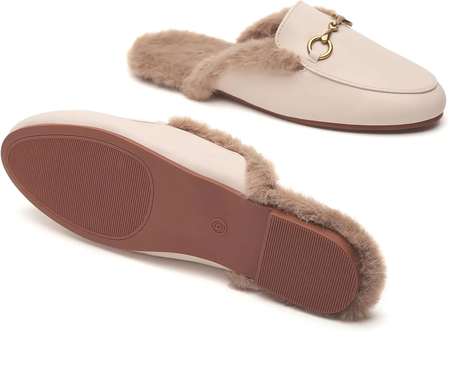 Minorsu Buckle Fur Mules for Women Slip on Loafers Closed Round Toe Backless Flat Mules Comfortable Slides Shoes