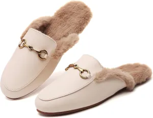 Minorsu Buckle Fur Mules for Women Slip on Loafers Closed Round Toe Backless Flat Mules Comfortable Slides Shoes