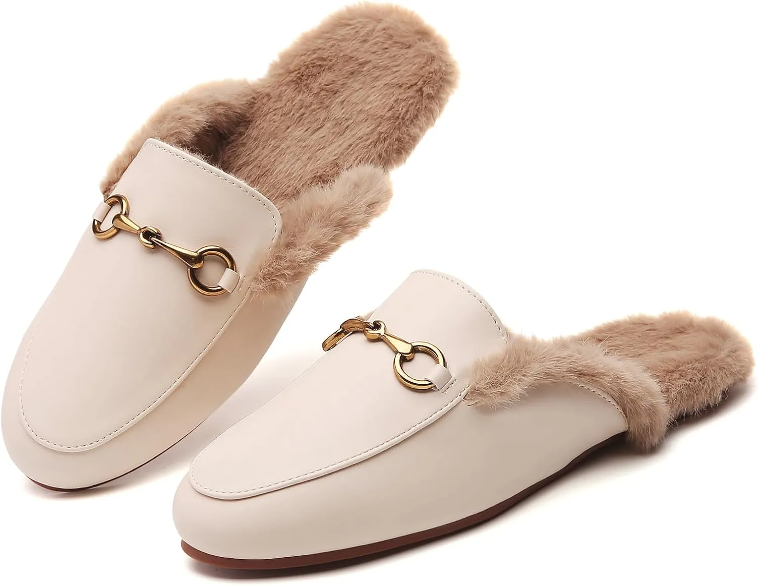 Minorsu Buckle Fur Mules for Women Slip on Loafers Closed Round Toe Backless Flat Mules Comfortable Slides Shoes