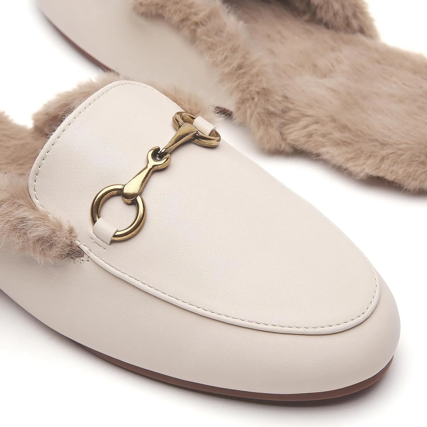 Minorsu Buckle Fur Mules for Women Slip on Loafers Closed Round Toe Backless Flat Mules Comfortable Slides Shoes