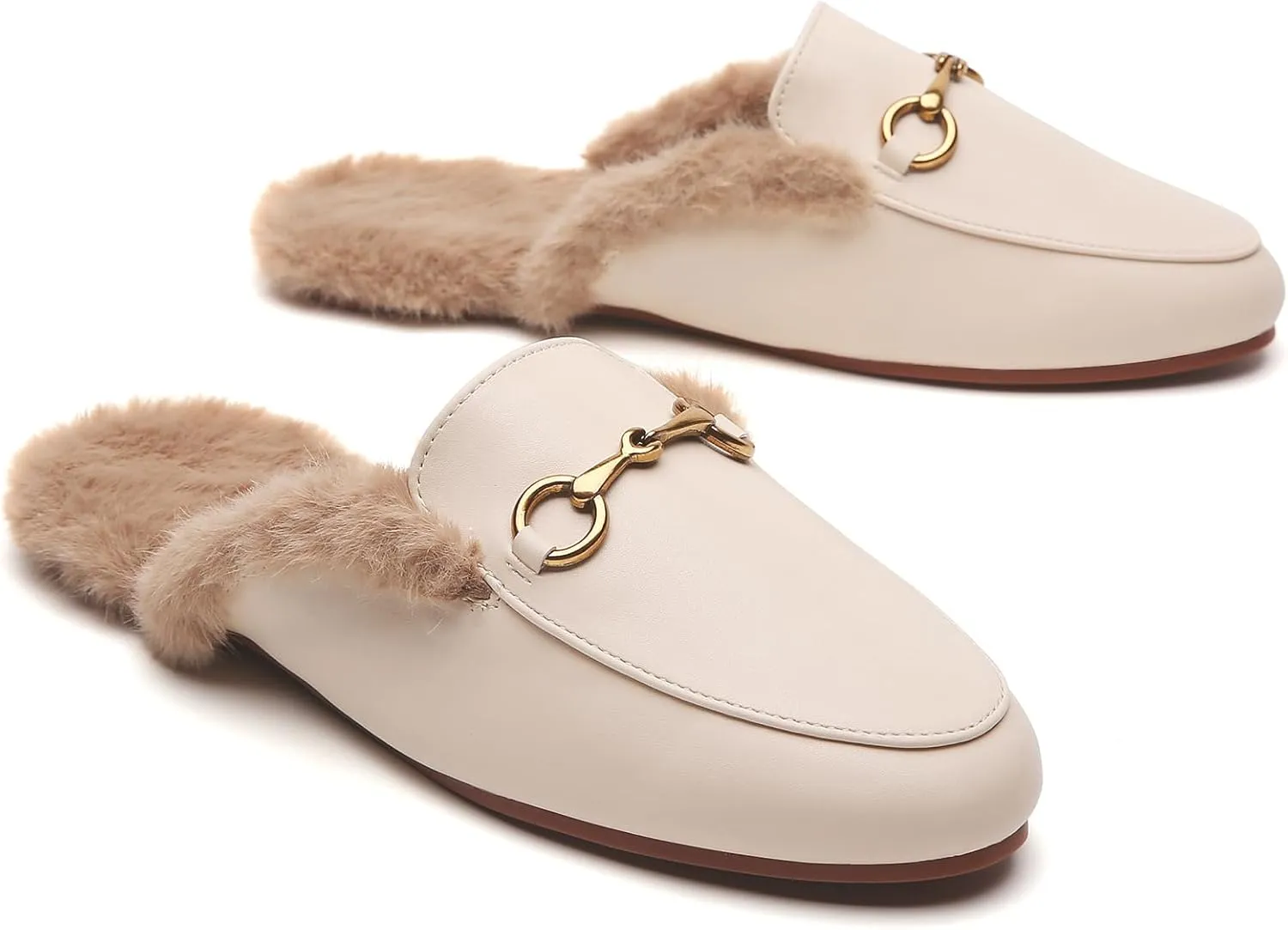 Minorsu Buckle Fur Mules for Women Slip on Loafers Closed Round Toe Backless Flat Mules Comfortable Slides Shoes