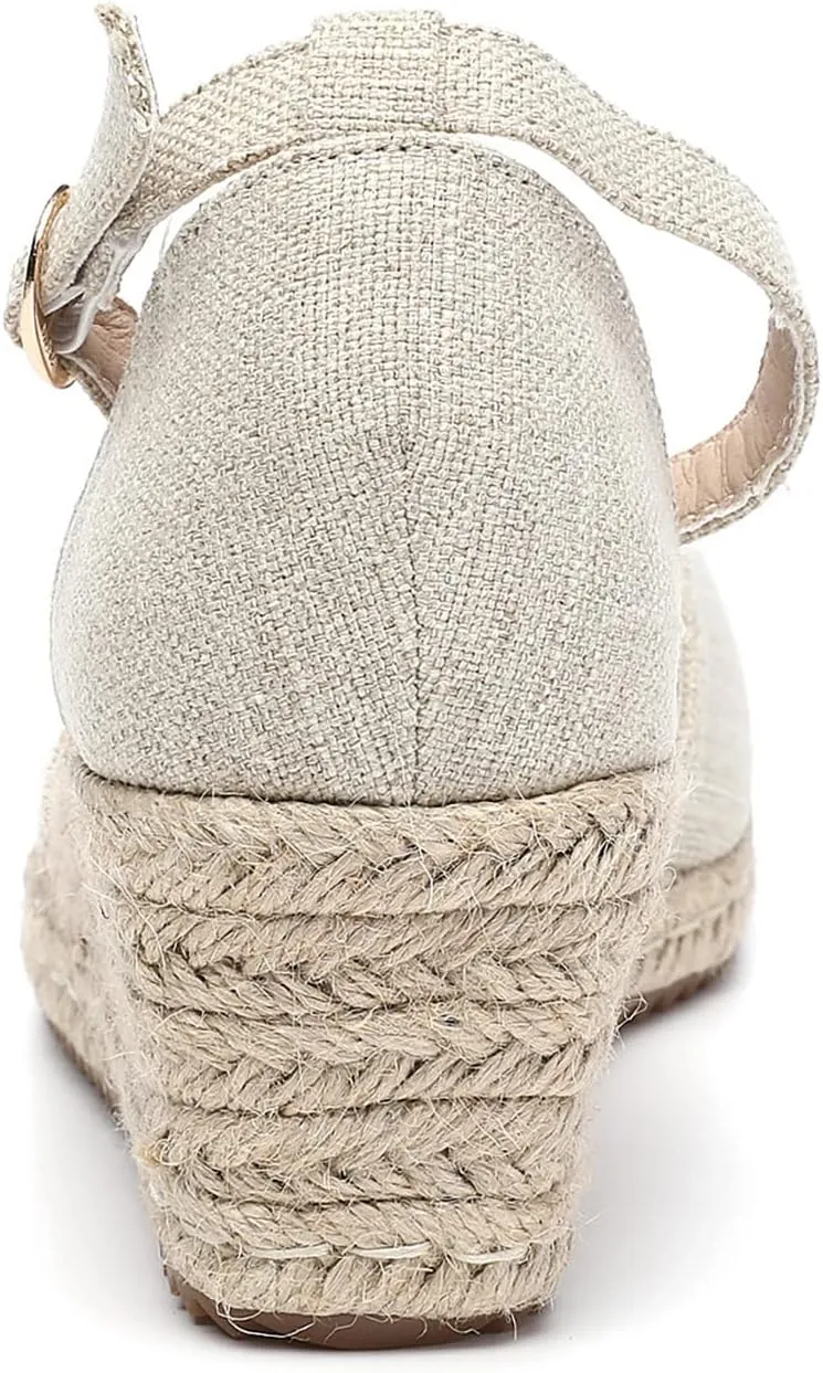 Mintzice Women's Closed Toe Solid Cross Vamp Ankle Strap Espadrille Wedge Sandals