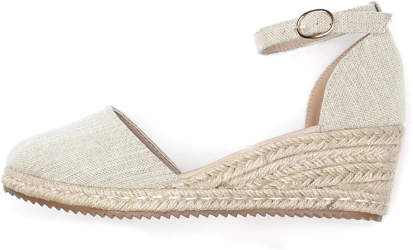 Mintzice Women's Closed Toe Solid Cross Vamp Ankle Strap Espadrille Wedge Sandals