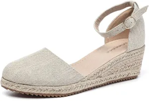 Mintzice Women's Closed Toe Solid Cross Vamp Ankle Strap Espadrille Wedge Sandals