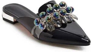 MIOKE Women's Pointed Toe Crystal Mules Flat Slip On Backless Loafer Comfort Low Heel Dress Slipper Shoes