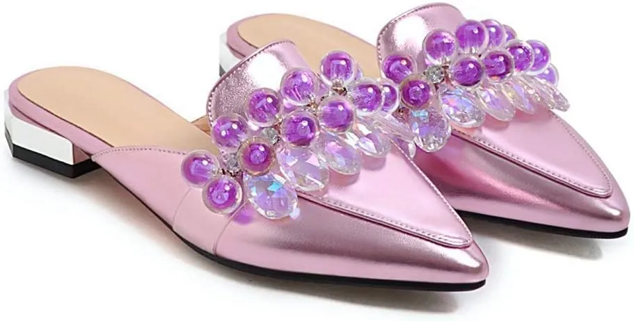 MIOKE Women's Pointed Toe Crystal Mules Flat Slip On Backless Loafer Comfort Low Heel Dress Slipper Shoes