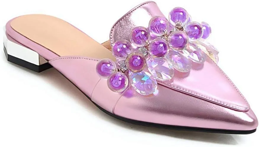MIOKE Women's Pointed Toe Crystal Mules Flat Slip On Backless Loafer Comfort Low Heel Dress Slipper Shoes