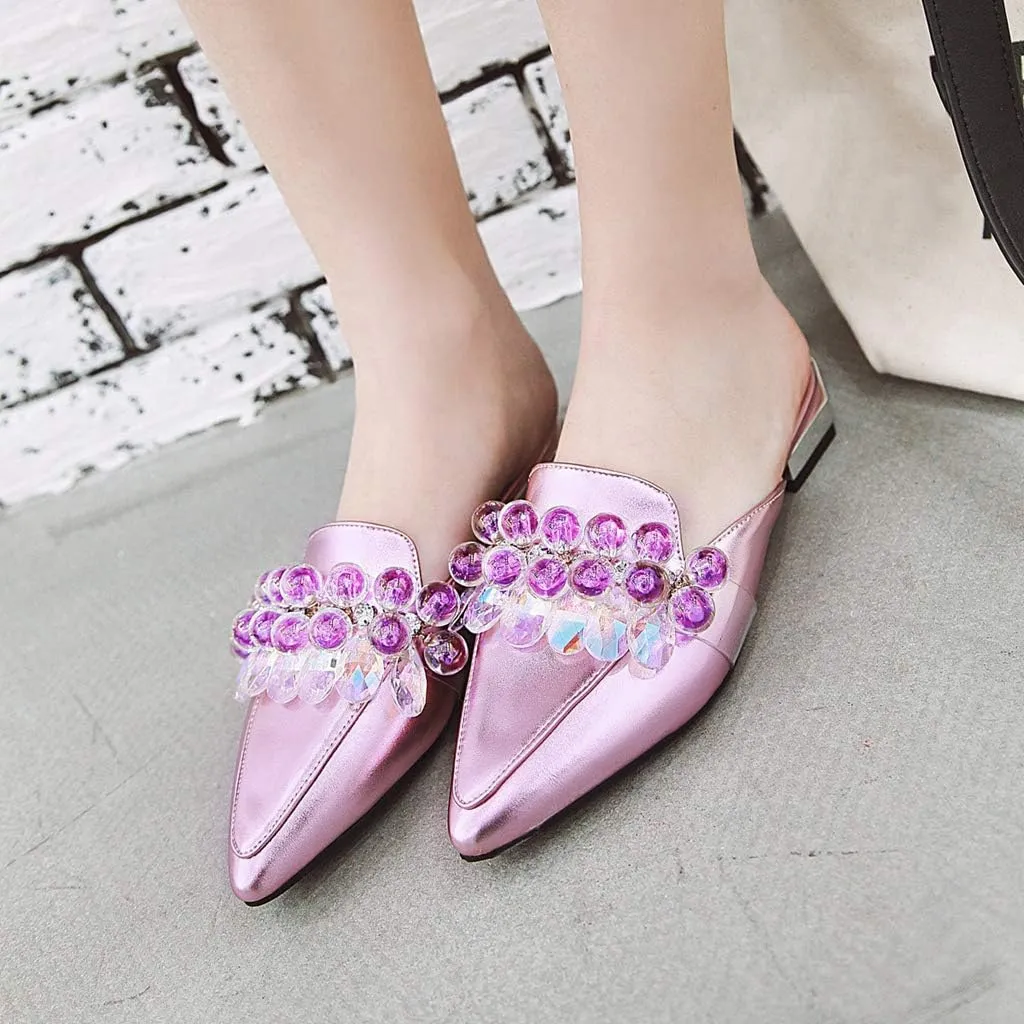 MIOKE Women's Pointed Toe Crystal Mules Flat Slip On Backless Loafer Comfort Low Heel Dress Slipper Shoes