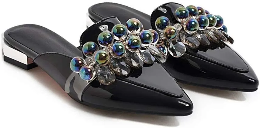 MIOKE Women's Pointed Toe Crystal Mules Flat Slip On Backless Loafer Comfort Low Heel Dress Slipper Shoes