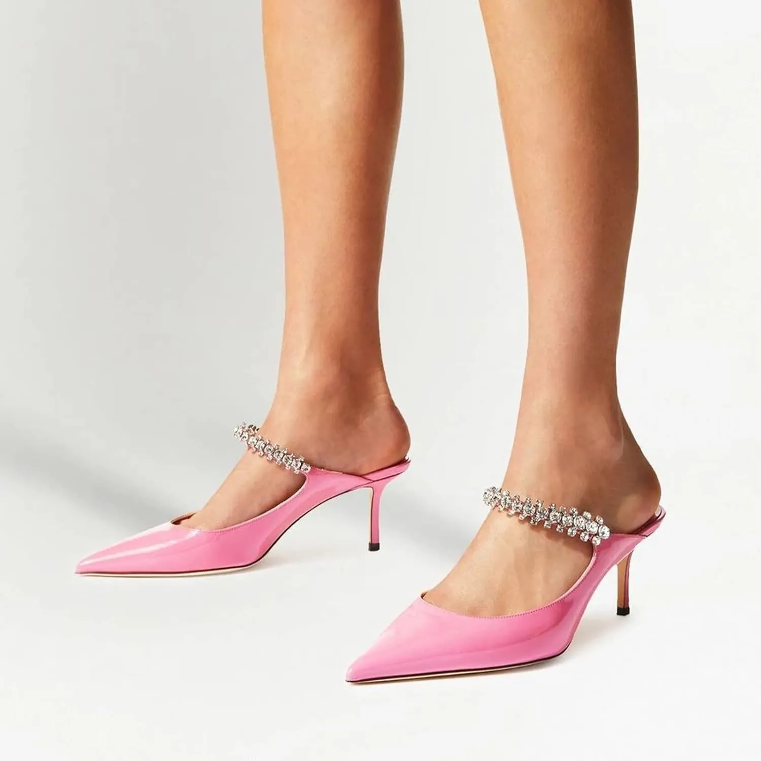 MIRAAZZURRA Women Heeled Mules Rhinestone Strappy Pointed Toe Mules Stiletto High Heels Slip On Bridal Sandals for Women