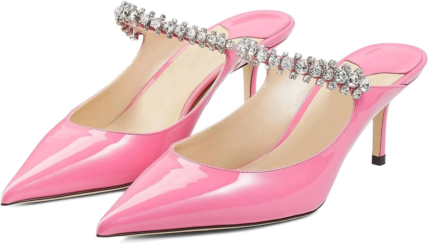 MIRAAZZURRA Women Heeled Mules Rhinestone Strappy Pointed Toe Mules Stiletto High Heels Slip On Bridal Sandals for Women