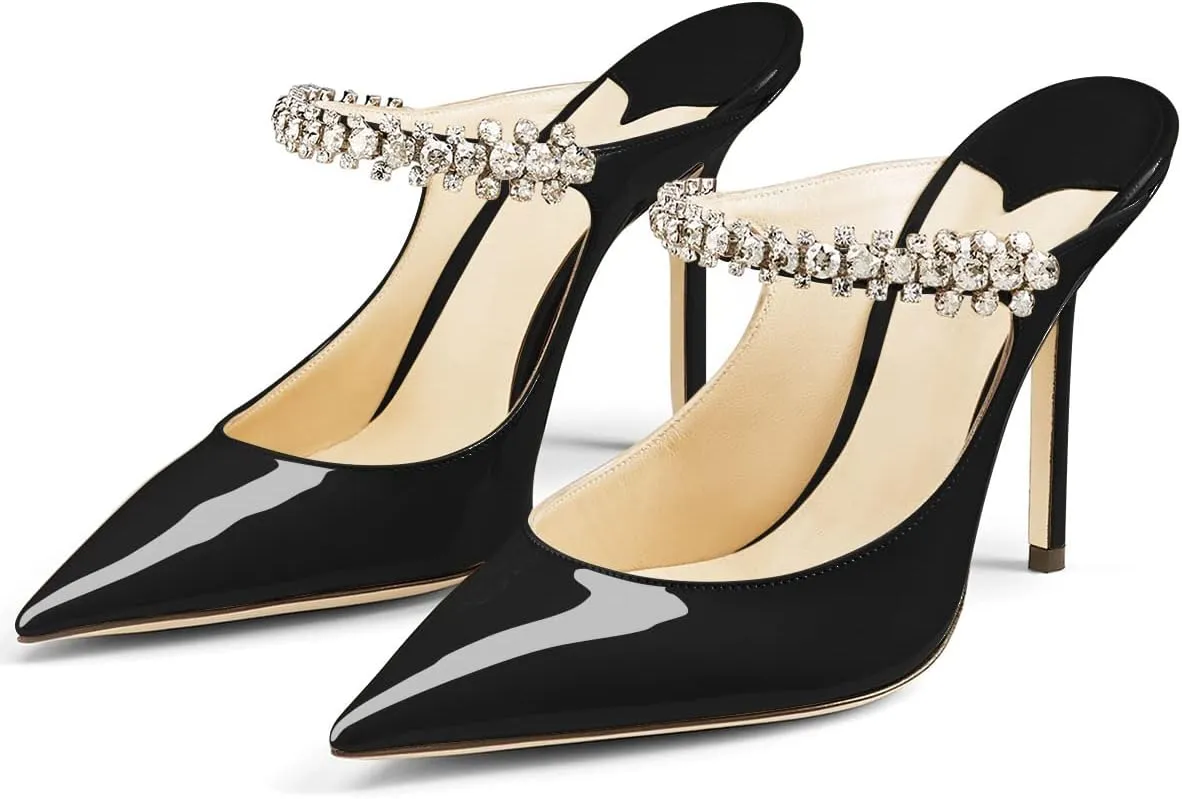 MIRAAZZURRA Women Heeled Mules Rhinestone Strappy Pointed Toe Mules Stiletto High Heels Slip On Bridal Sandals for Women