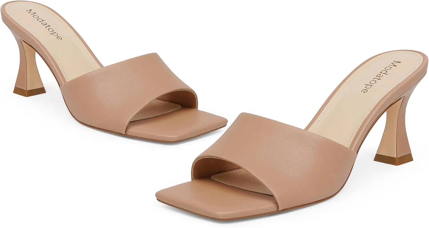 Modatope Womens Heeled Sandals Open Square Toe Heels Chunky Block Heel Slip On Sandals for Women