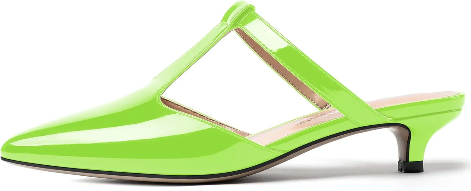MODENCOCO Women's T Strap Pointed Toe Dress Party Slip On Comfortable Patent Kitten Low Heel Mules Shoes 1.5 Inch