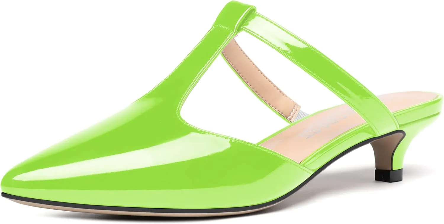 MODENCOCO Women's T Strap Pointed Toe Dress Party Slip On Comfortable Patent Kitten Low Heel Mules Shoes 1.5 Inch