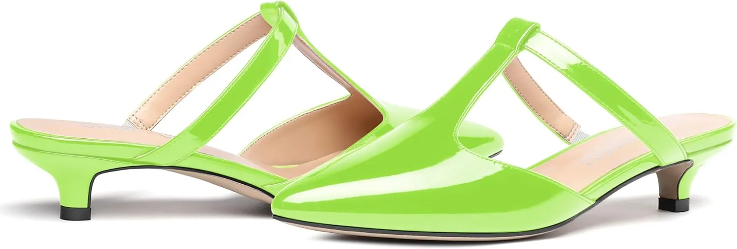 MODENCOCO Women's T Strap Pointed Toe Dress Party Slip On Comfortable Patent Kitten Low Heel Mules Shoes 1.5 Inch