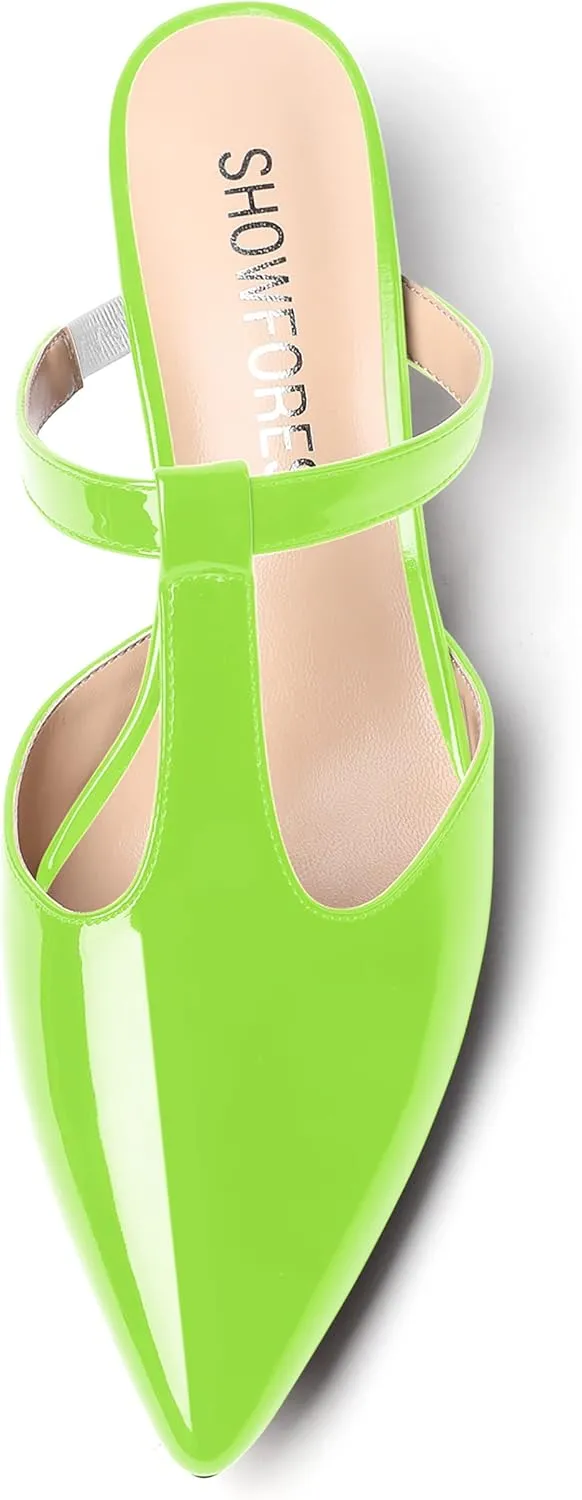 MODENCOCO Women's T Strap Pointed Toe Dress Party Slip On Comfortable Patent Kitten Low Heel Mules Shoes 1.5 Inch