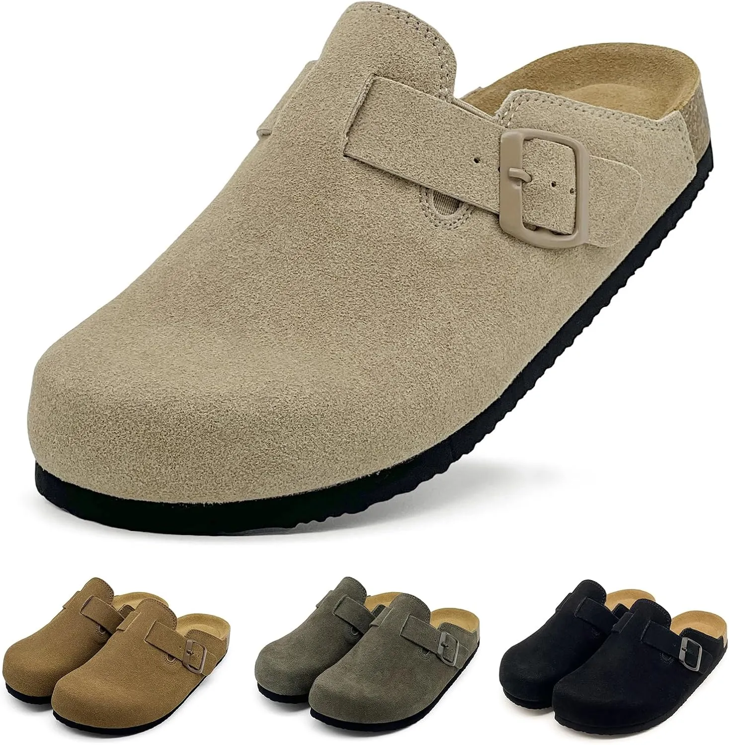 MOLATIN Clogs for Women Comfort Mens Mules and Slip ons Potato Shoes Leather Mules with Suede Cork Footbed Sandals