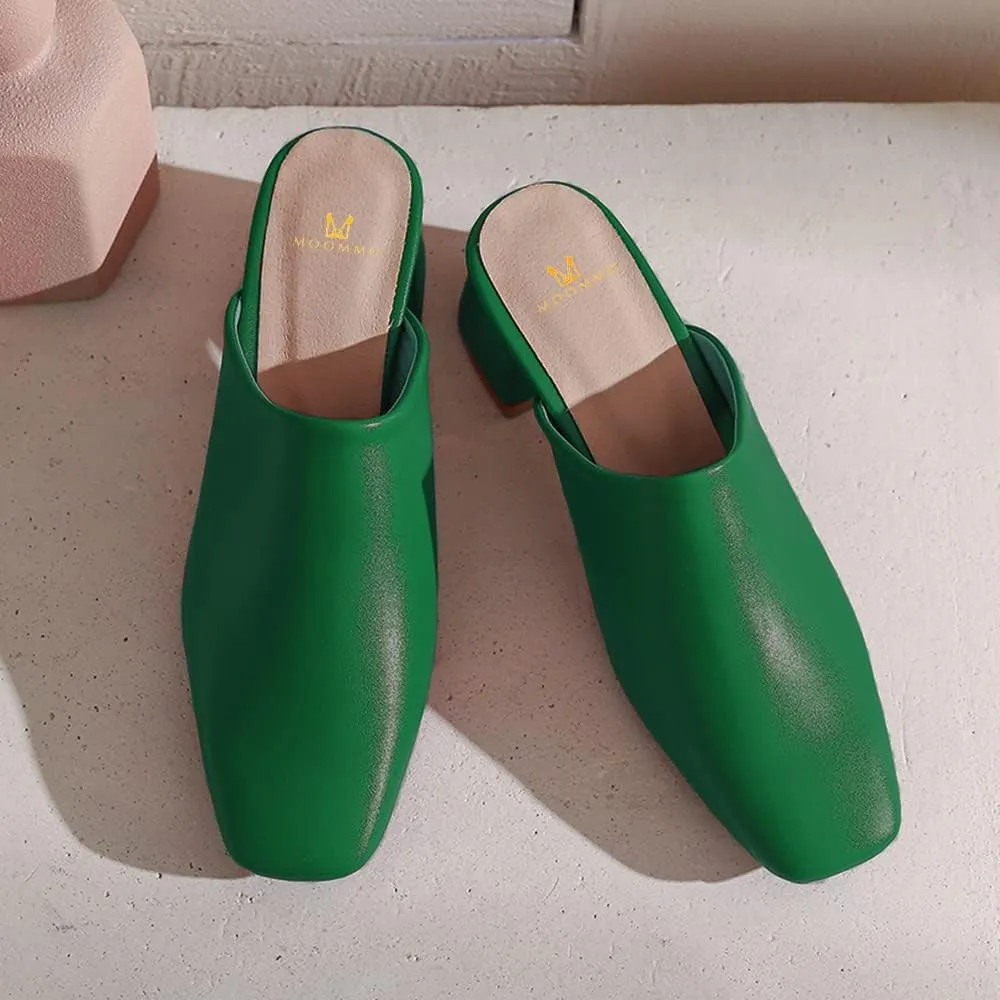 MOOMMO Women Chunky Heel Mules Closed Toe Square Toe Slip On Backless Pumps Mid Block Heel Office Casual Dress Shoes 5-17 US