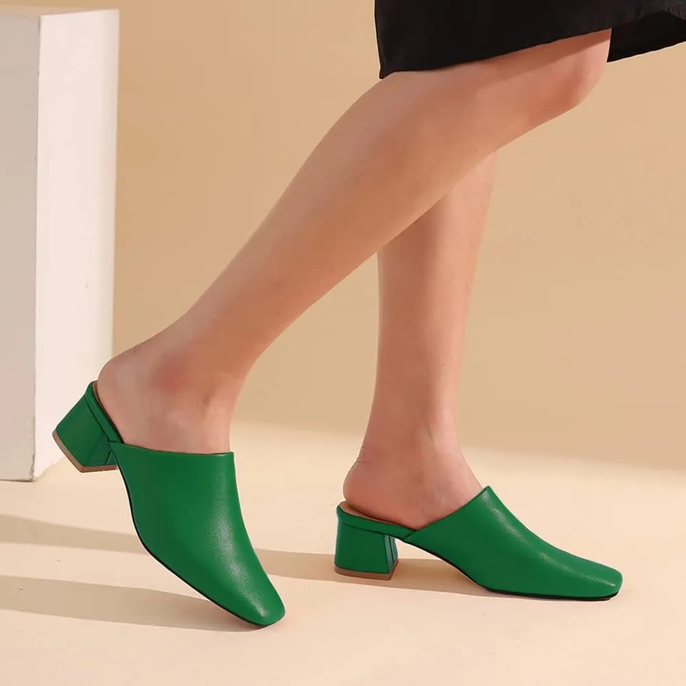 MOOMMO Women Chunky Heel Mules Closed Toe Square Toe Slip On Backless Pumps Mid Block Heel Office Casual Dress Shoes 5-17 US