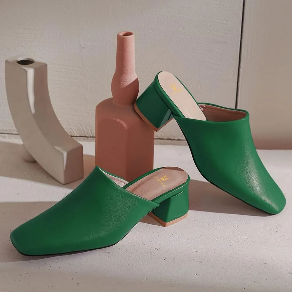 MOOMMO Women Chunky Heel Mules Closed Toe Square Toe Slip On Backless Pumps Mid Block Heel Office Casual Dress Shoes 5-17 US