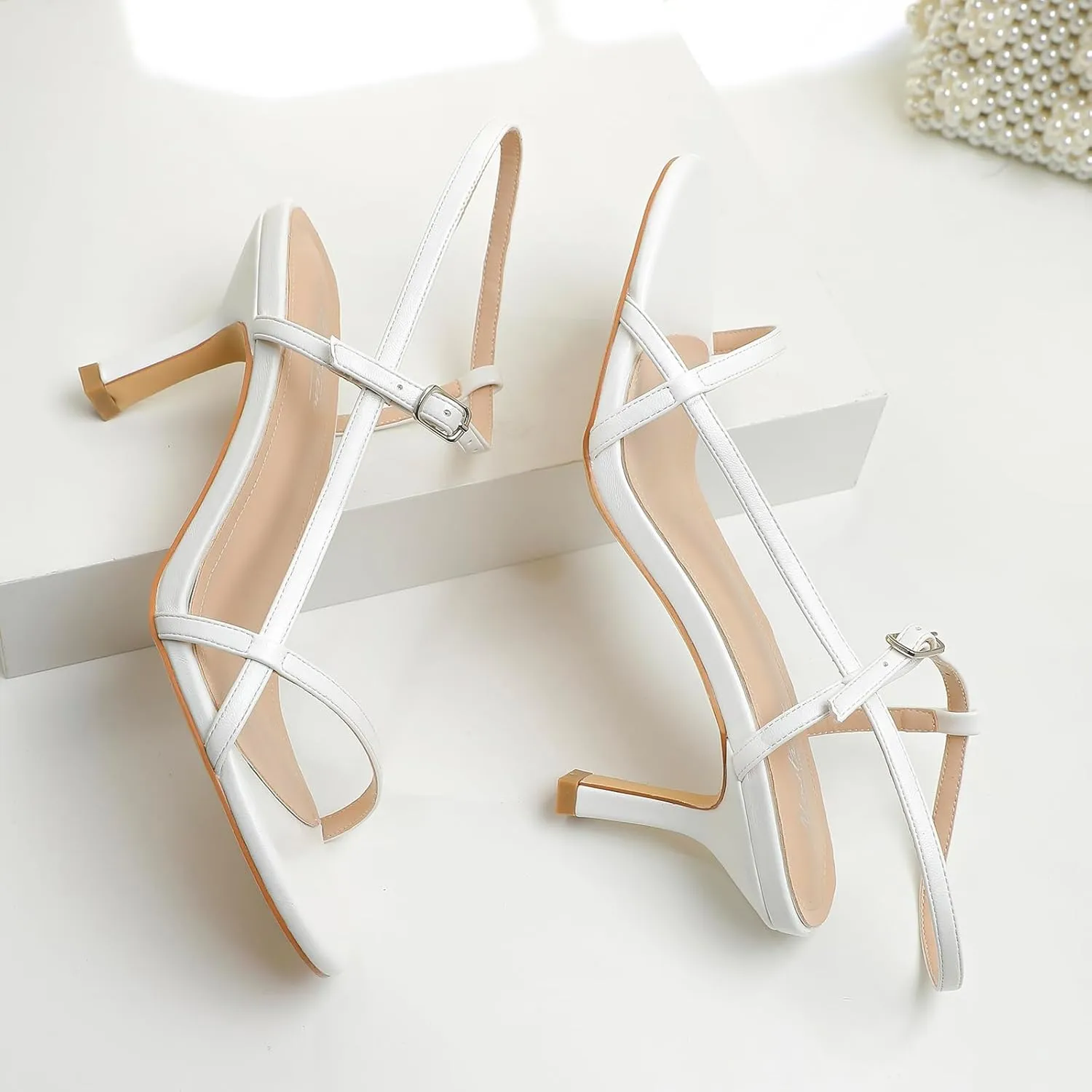 Mostrin Heels for Women Strappy Sandals Square Open Toe High Heel Sandals Ankle Strap Stiletto Heels for Party Wedding