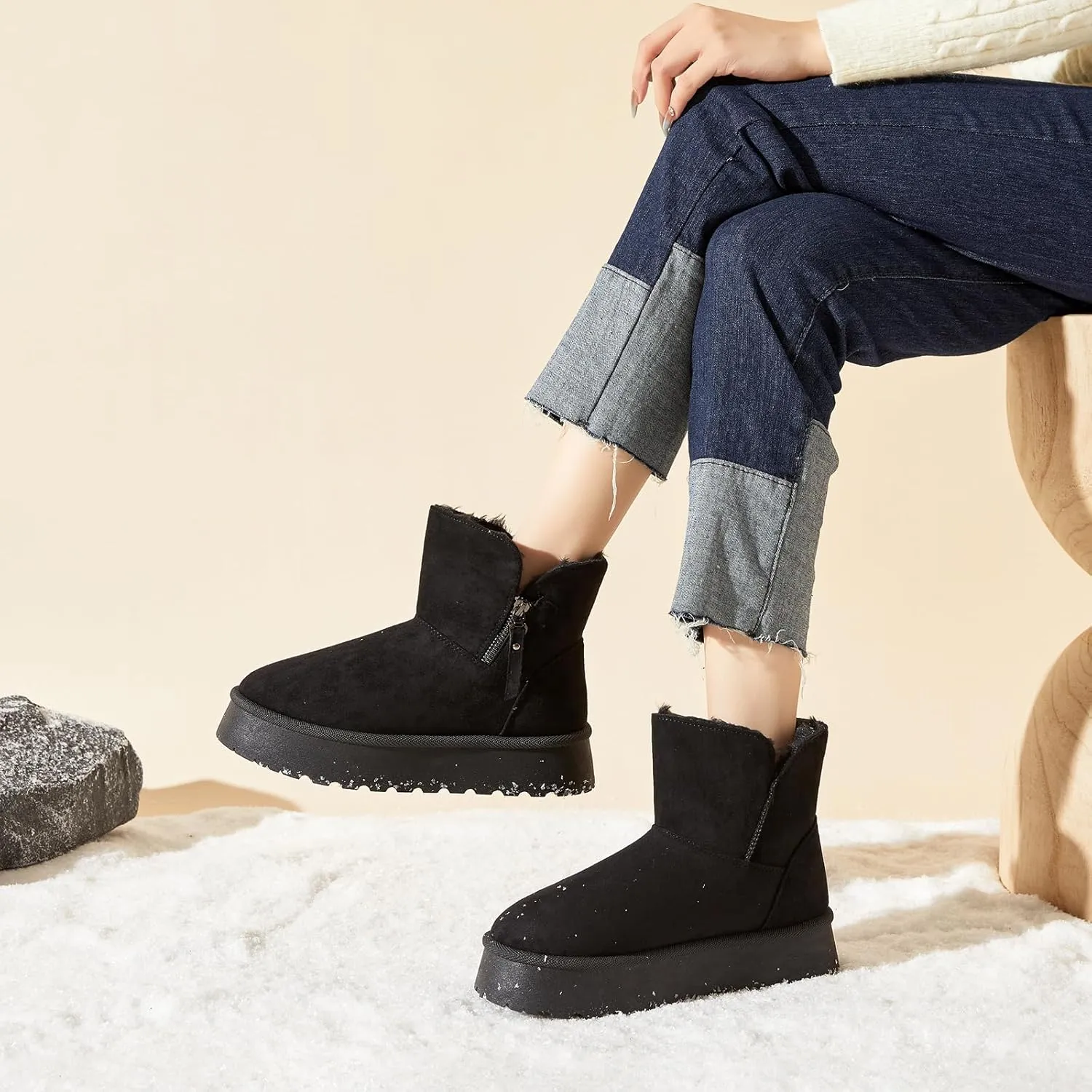 Moudki Winter Boots for Women Warm Fur Lined Booties Platform Snow Boots for Women Ankle Booties Anti-Slip Outdoor Snow Boots