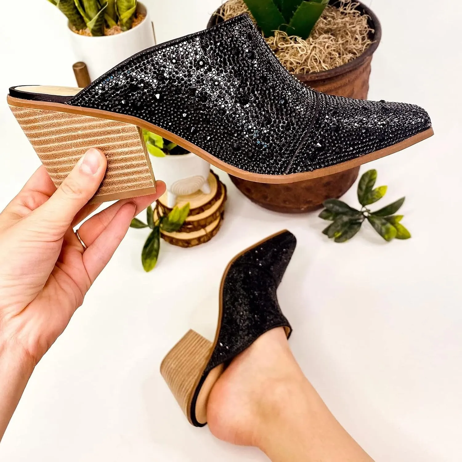 MUCCCUTE Mules Heels for Women Rhinestone Sandals Anti-Slip Chunky Stacked Pointed Toe Womens Mules with Heels