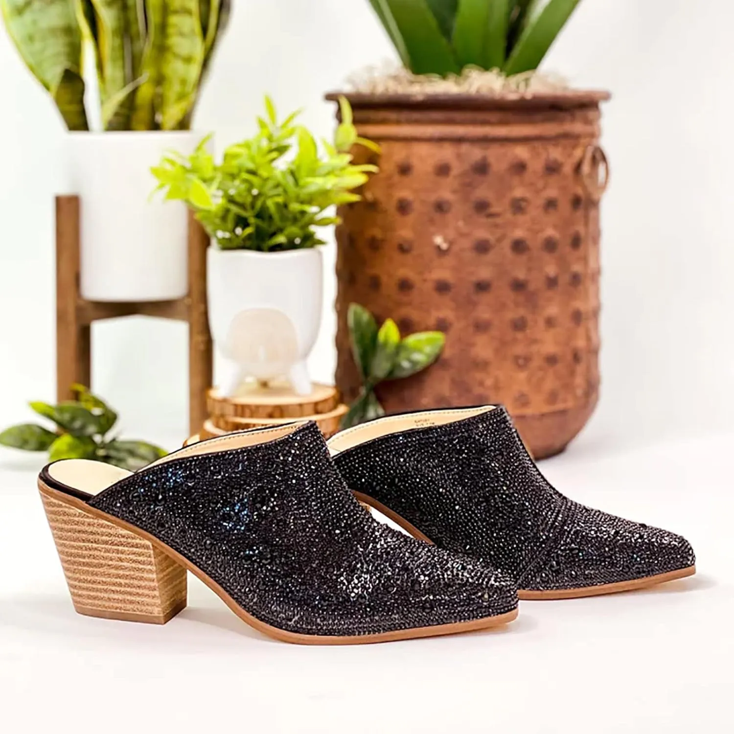 MUCCCUTE Mules Heels for Women Rhinestone Sandals Anti-Slip Chunky Stacked Pointed Toe Womens Mules with Heels