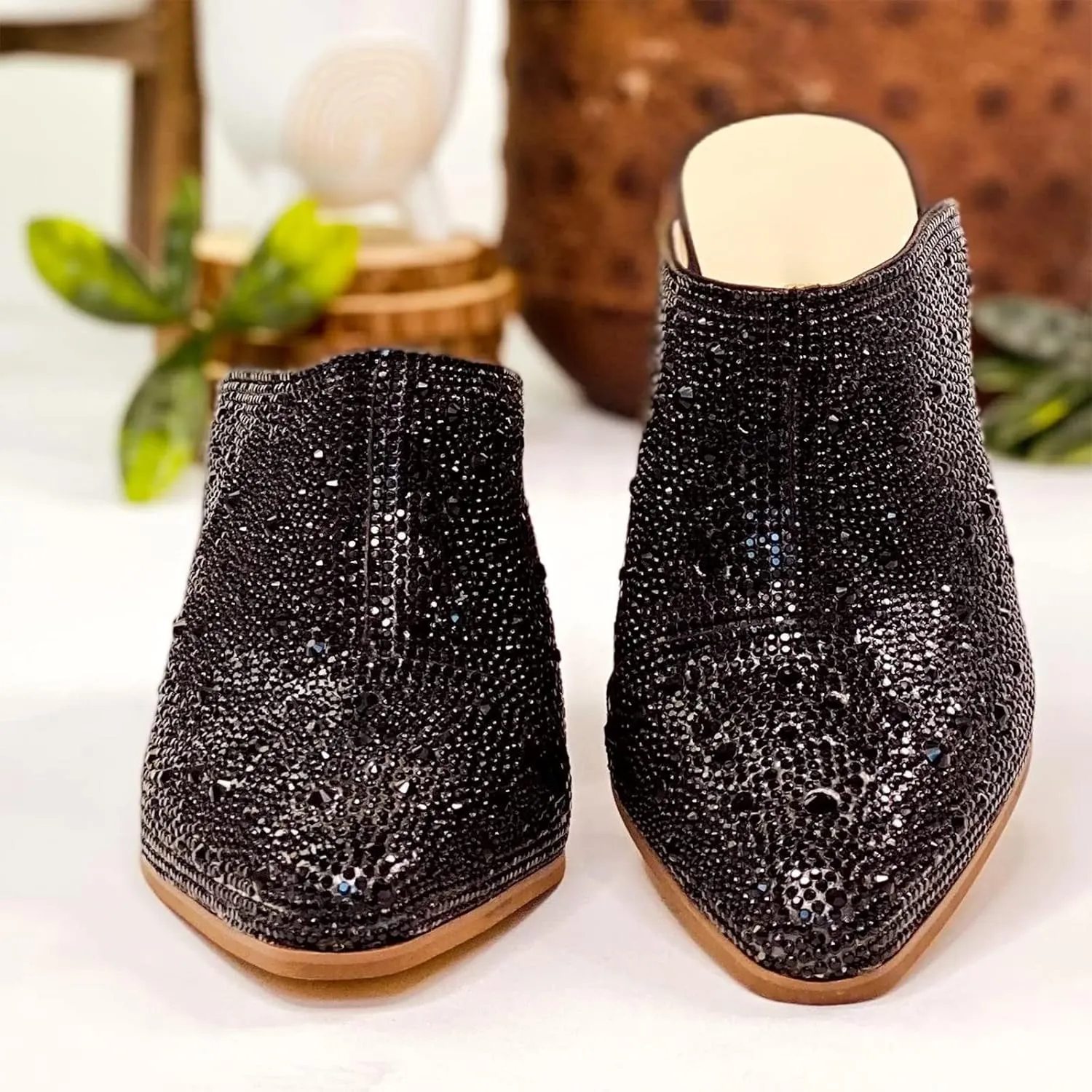 MUCCCUTE Mules Heels for Women Rhinestone Sandals Anti-Slip Chunky Stacked Pointed Toe Womens Mules with Heels
