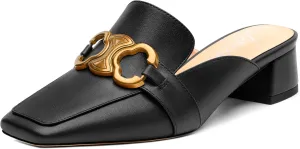Mules Shoes for Women, Women's Chunky Mules Square Toe Slip on Comfortable Dress Casual Low Heel Metal Buckle Backless Slides Loafer Shoes 1.4 Inch
