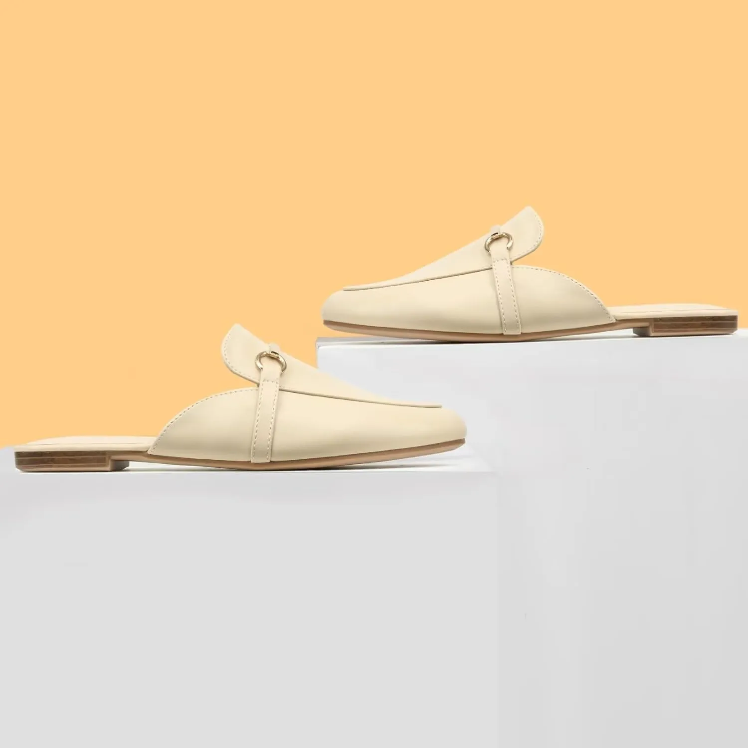 MUSSHOE Mules for Woman Buckle Flats Comfortable Slip on Women Mules Flats Shoes Backless Loafers